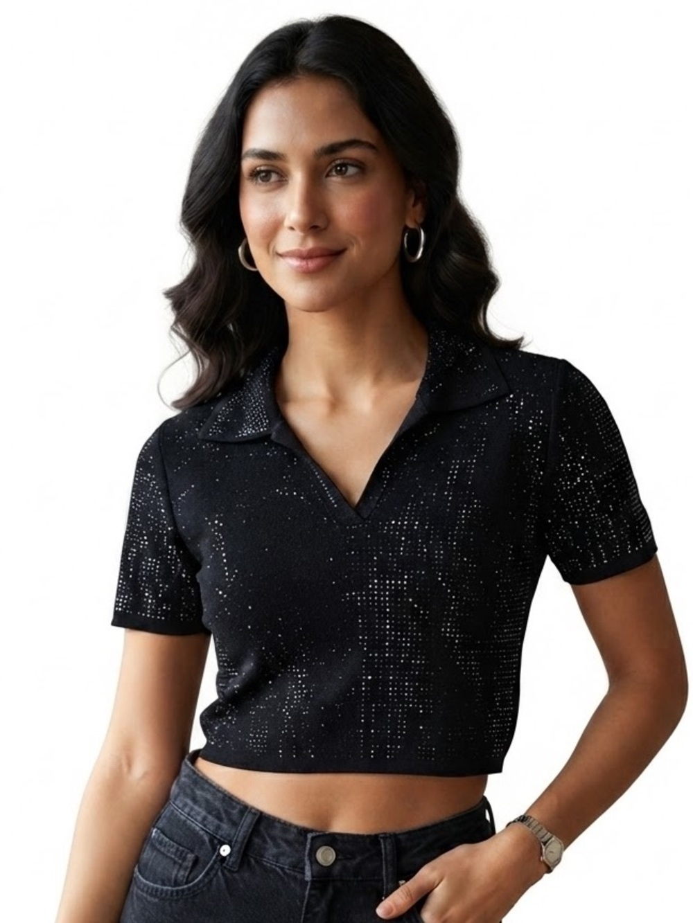 Balboa Black Rhinestone Embellished Polo Crop Top – Sparkling Short Sleeve L